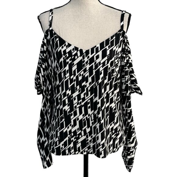 INC X-Large Top Cold-Shoulder Geometric Long Sleeves Stetch V-Neck Black Multi - Picture 1 of 10
